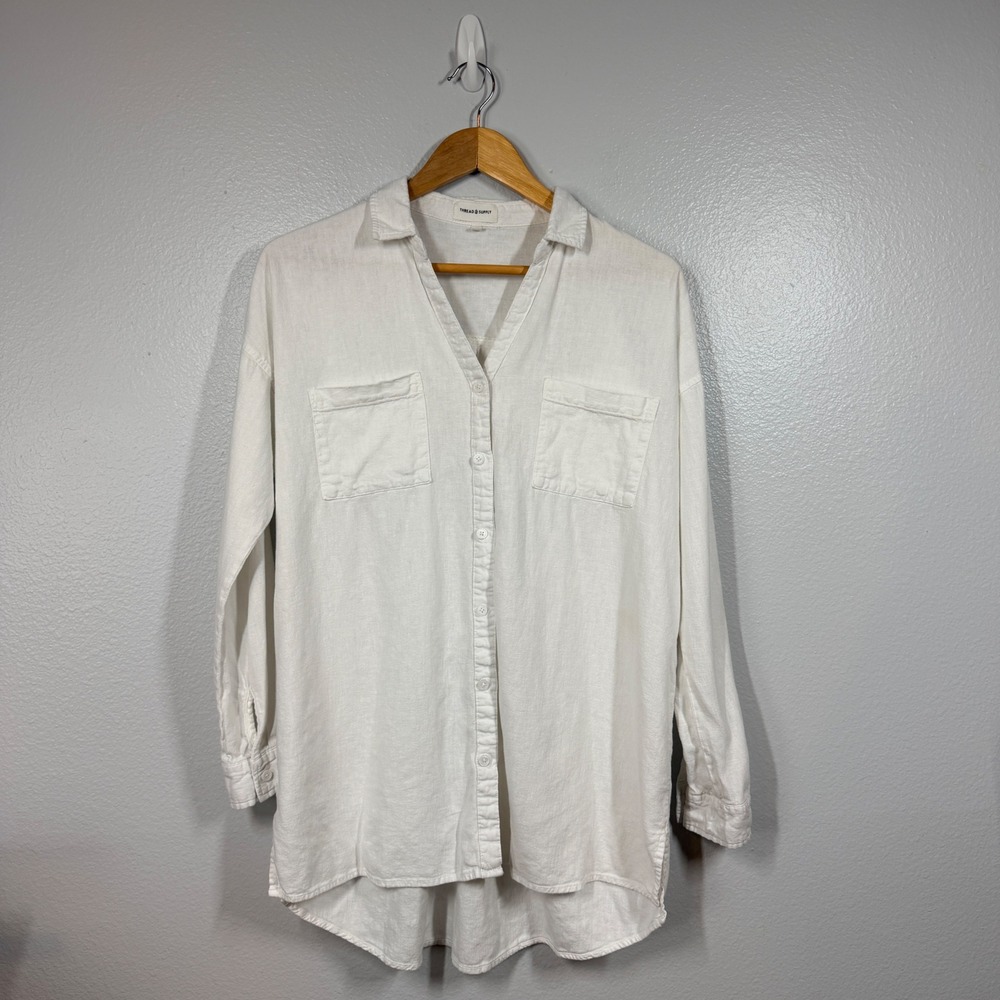 Thread & Supply Button Down Women M White Linen Blend Tunic Long Sleeve Pockets